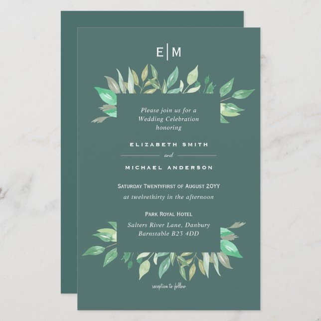 BUDGET Sage Green Greenery Leaves Wedding Invite (Front/Back)
