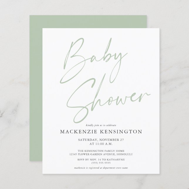 Budget Sage Green Handwritten Script Baby Shower (Front/Back)