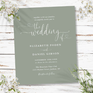 Budget Sage Green Hearts Script Wedding Invite