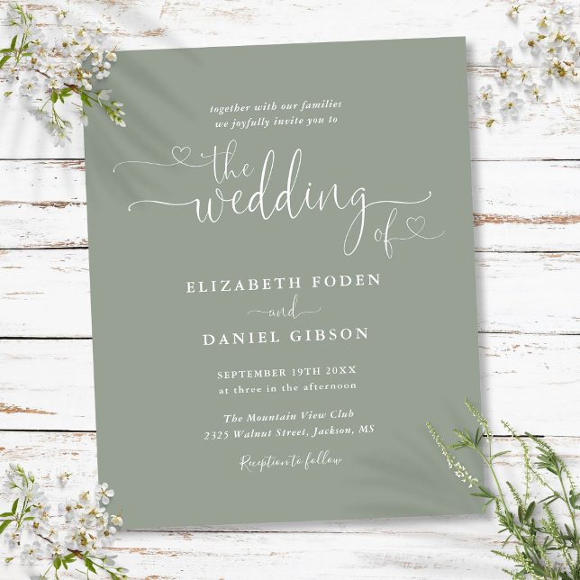 Budget Sage Green Hearts Script Wedding Invite (Budget Sage Green Hearts Script Wedding Invite)