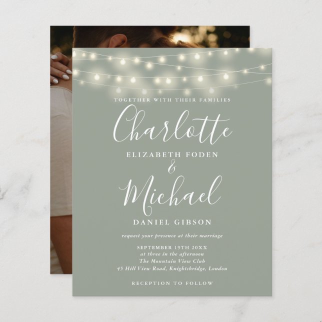 Budget Sage Green Lights Photo Wedding Invitation (Front/Back)