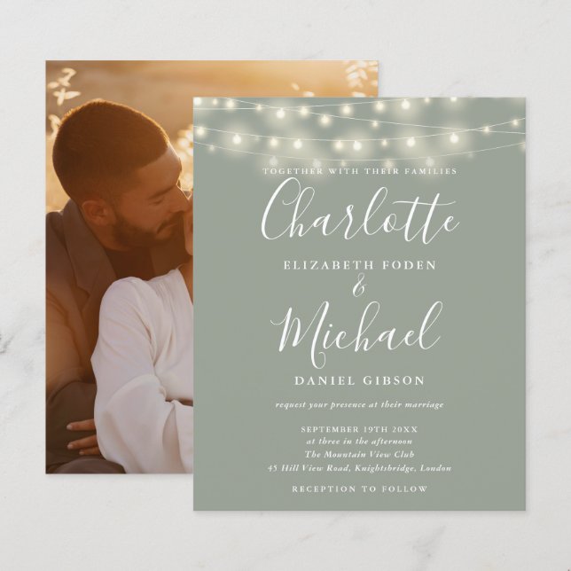Budget Sage Green Lights Photo Wedding Invitation (Front/Back)