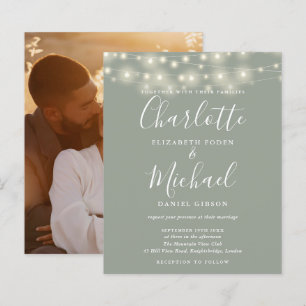 Budget Sage Green Lights Photo Wedding Invitation