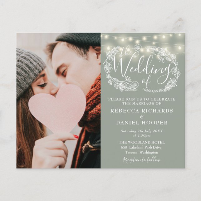Budget Sage Green Lights Photo Wedding Invite (Front)