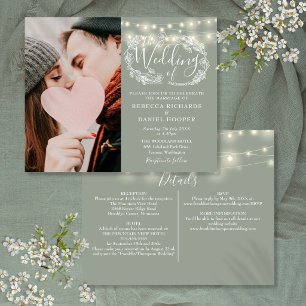 Budget Sage Green Lights Photo Wedding Invite