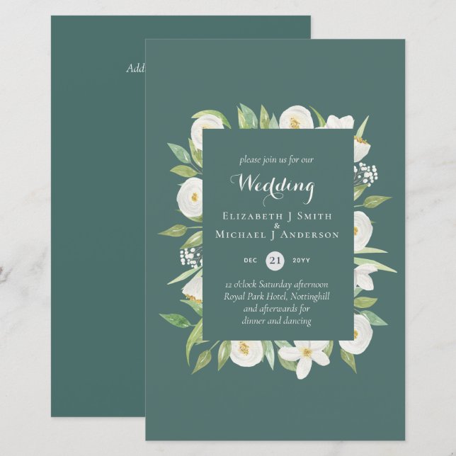 BUDGET Sage Green Magnolia Floral Wedding Invite (Front/Back)