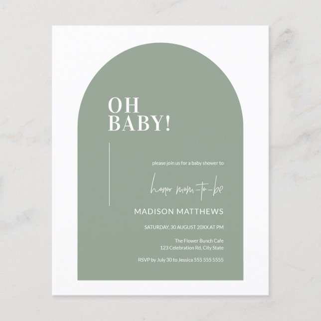 Budget Sage Green Minimal Arch Oh Baby Shower (Front)