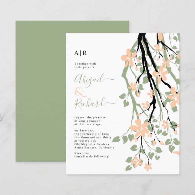 BUDGET Sage green, peach floral wedding invitation (Front/Back)