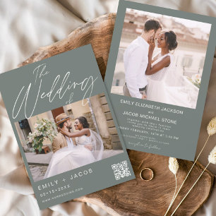 Budget Sage Green QR Code Photo Wedding Invitation
