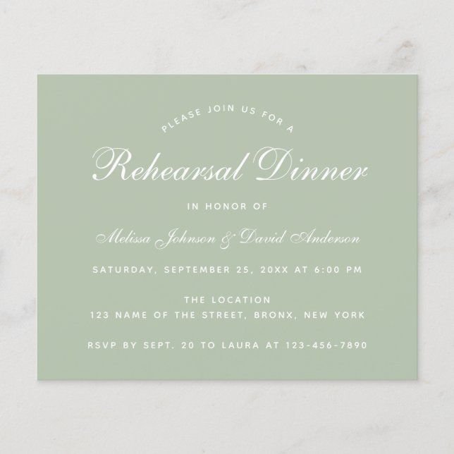 Budget Sage Green Rehearsal Dinner Invitation (Front)