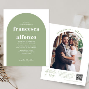Budget Sage Green RSVP QR Code Retro Photo Wedding