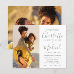 Budget Sage Green Script Photo Wedding Invitation