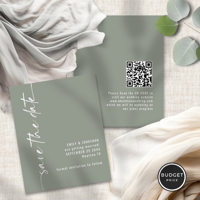 Budget Sage Green Script QR Wedding Save the Date (Front and back view)