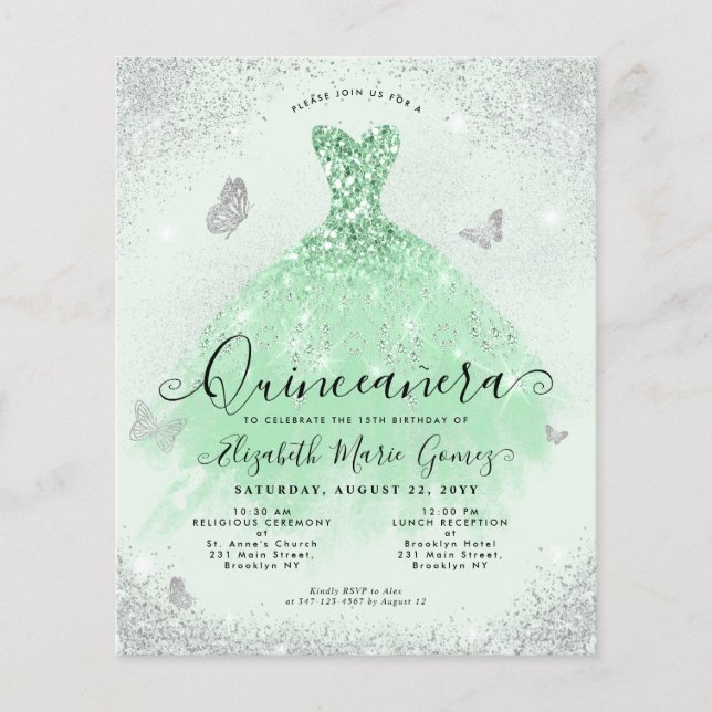 Budget Sage Green Silver Glitter Gown Quinceanera (Front)