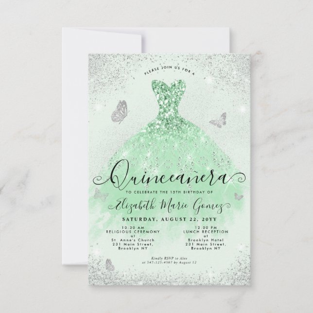 Budget Sage Green Silver Glitter Gown Quinceanera Card (Front)