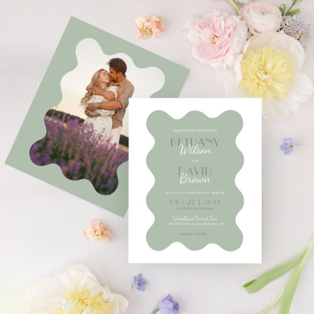 BUDGET Sage Green Wave Border Photo Wedding (Creator Uploaded)