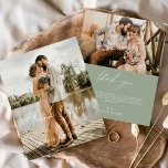 Budget Sage Green Wedding 2 Photos Thank You Cards<br><div class="desc">Elevate your gratitude with our elegant thank you cards featuring modern script and your favourite wedding photo. These cards offer a stylish and minimalist design that perfectly complements any wedding aesthetic. Personalise them with a heartfelt message of appreciation to convey your thanks to friends and family for their love and...</div>