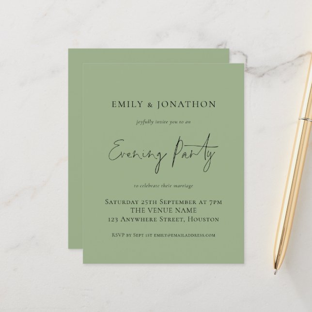 Budget Sage Green Wedding Evening Party Invite (Front/Back In Situ)