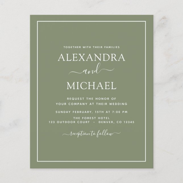 Budget Sage Green Wedding Modern Typography Flyer (Front)