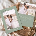 Budget Sage Green Wedding Photo Thank You Cards<br><div class="desc">Budget Sage Green Wedding Thank You Cards that have a photo on the front and back. The Thank you cards contain a modern hand lettered cursive script typography that are elegant,  simple and modern to use after you minimalist simple wedding day celebration.</div>