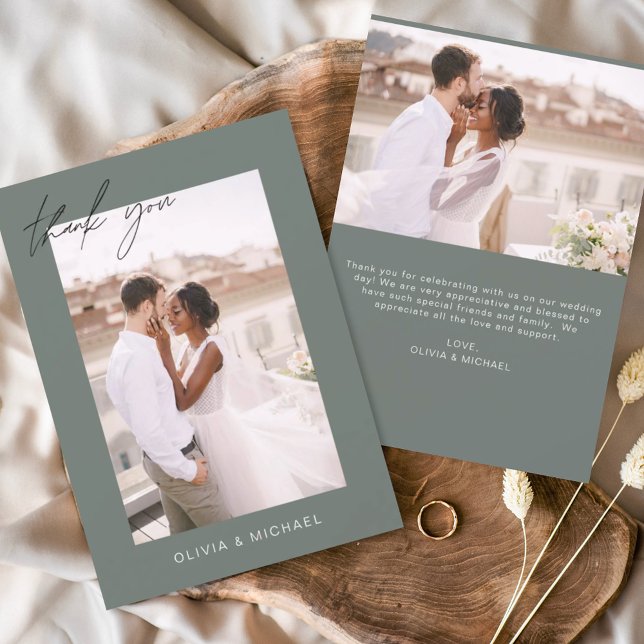 Budget Sage Green Wedding Photo Thank You Cards (Creator Uploaded)