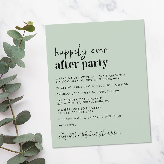 Budget Sage Green Wedding Reception Invitation (A chic and affordable Happily Ever After Party invitation)
