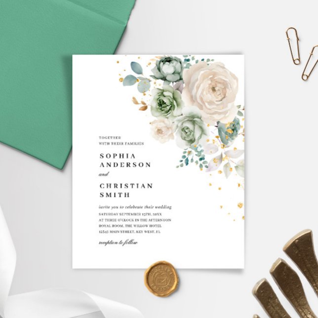 Budget Sage Green & White Flowers Wedding invit (Creator Uploaded)