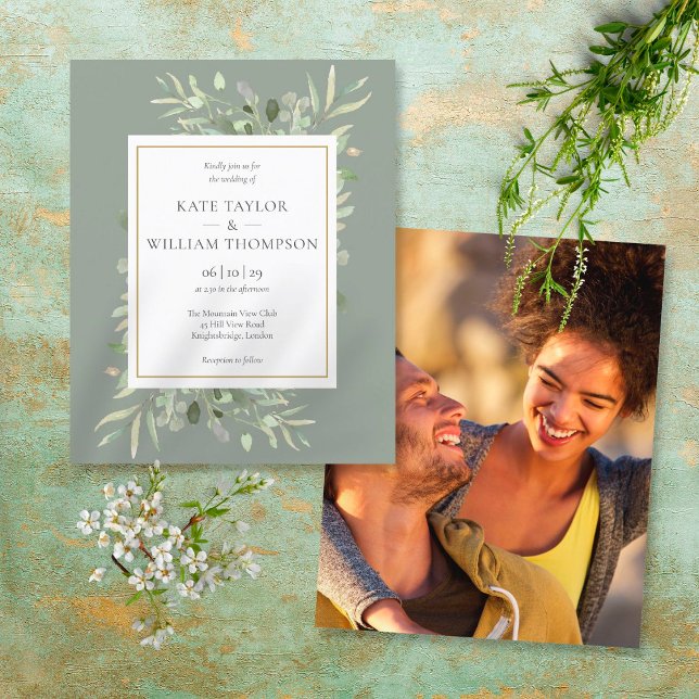 Budget Sage Greenery Wedding Photo Invitation (Creator Uploaded)