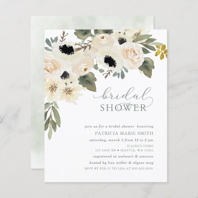 Budget Sage Ivory Floral Bridal Shower Invitation (Front/Back)