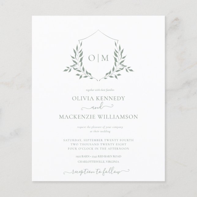 Budget Sage Leafy Crest Wedding Invitation  (Front)