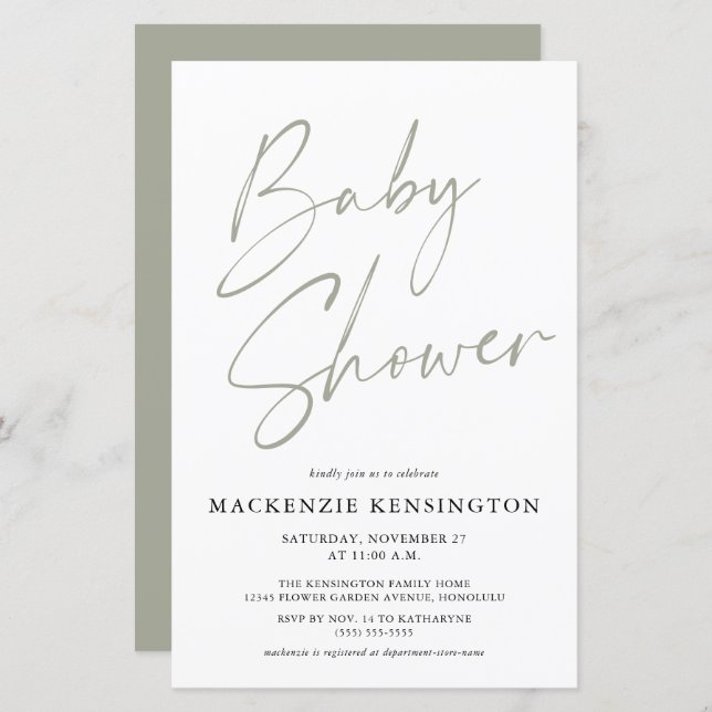Budget Sage Olive Green Simple Script Baby Shower (Front/Back)