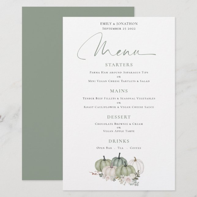 Budget Sage Pumpkins Fall Florals Wedding Menu (Front/Back)