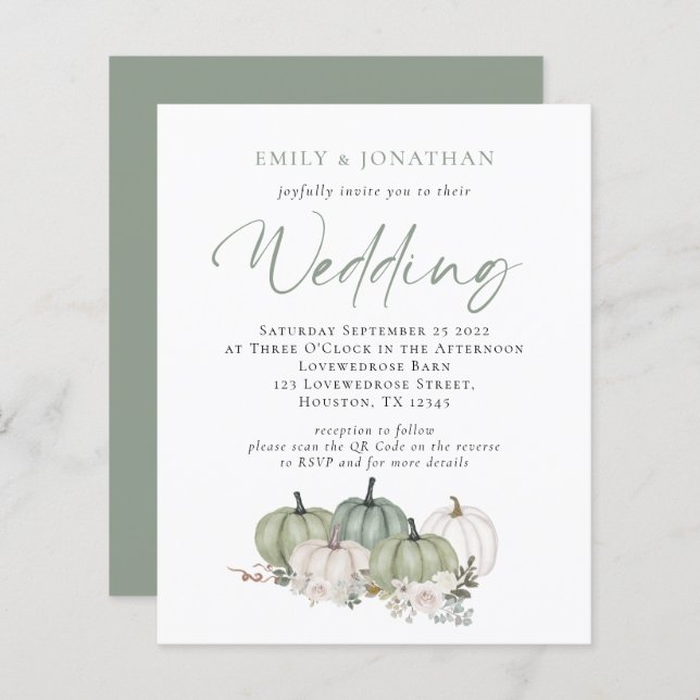 Budget Sage Pumpkins Florals QR Wedding Invite (Front/Back)