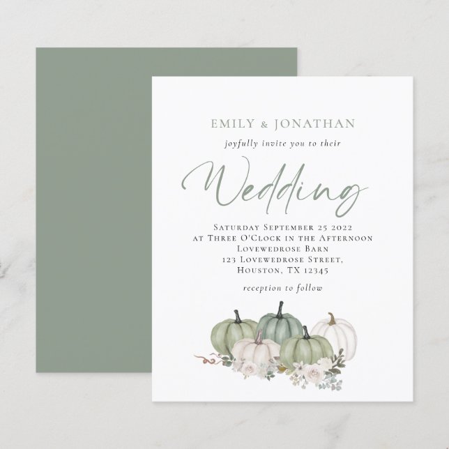 Budget Sage Pumpkins Florals Wedding Invite (Front/Back)