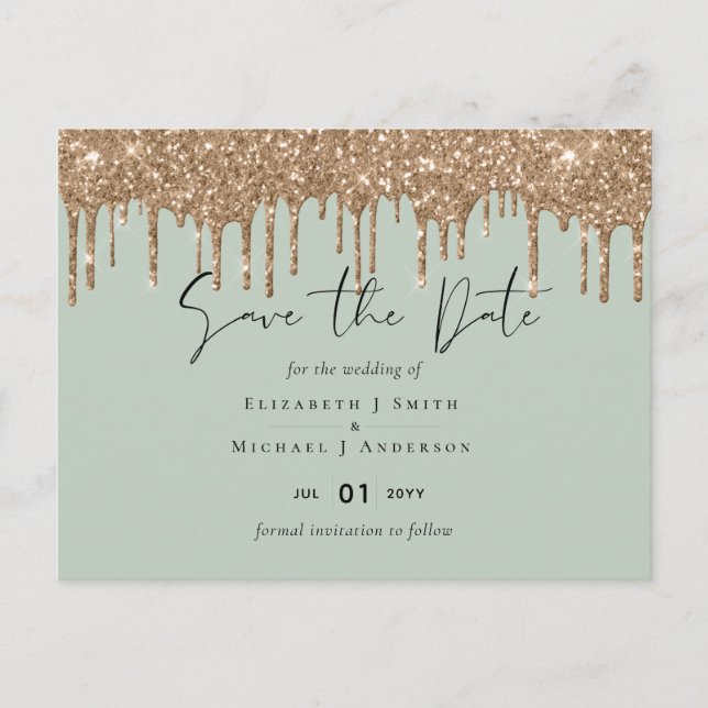 BUDGET Save Dates Sage Gold Glitter Wedding Postcard (Front)