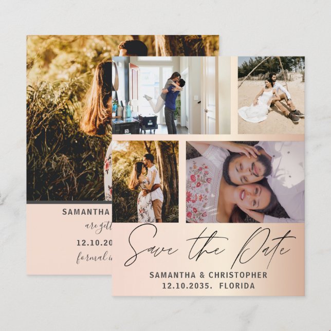 Budget Save the Date 4 Photo Rose Gold Invitation (Front/Back)