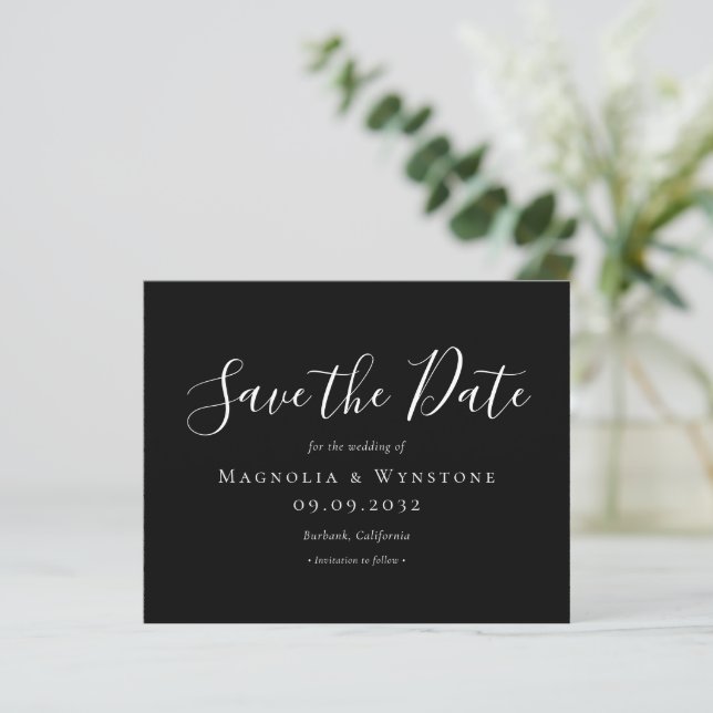 BUDGET Save the Date | Black White Script (Standing Front)