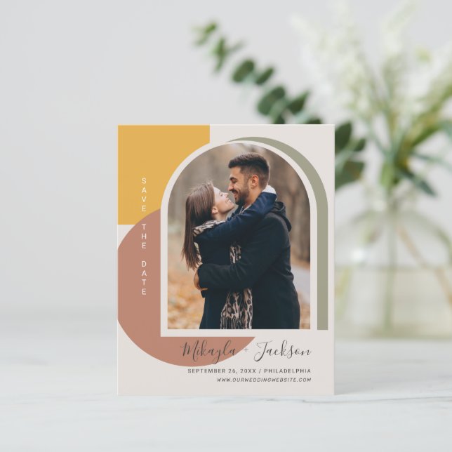 Budget Save the Date Bold Abstract Arch Photo (Standing Front)