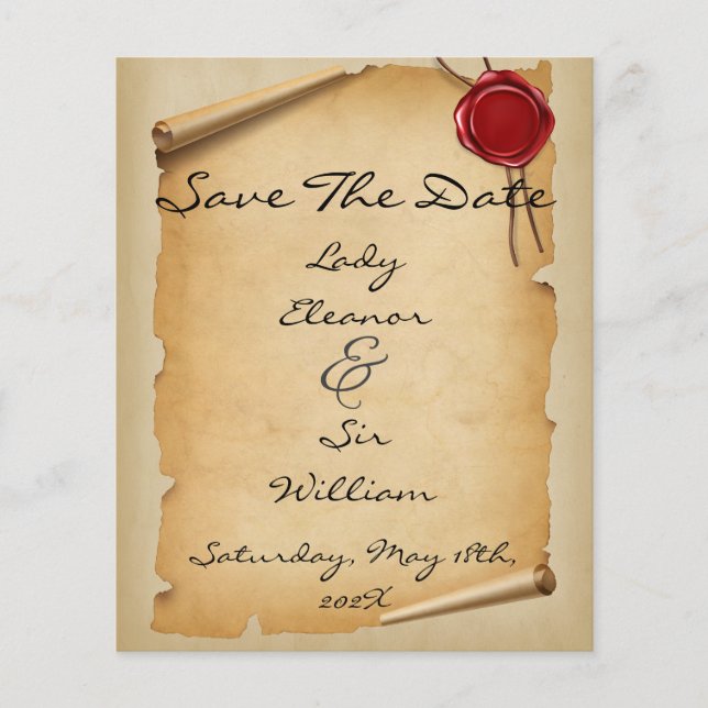 Budget Save The Date Mediaeval Aged Scroll Wax Sea Flyer (Front)