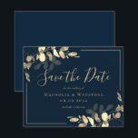 BUDGET Save The Date | Navy Gold Eucalyptus<br><div class="desc">Let your friends and family know that you have set a date for your wedding with this beautiful watercolor eucalyptus Save the Date card. **PLEASE READ BEFORE PURCHASING** 1. Budget stationery measures 4.5" x 5.6" and fits inside an A6 envelope. You can add white envelopes to your order. 2. Each...</div>