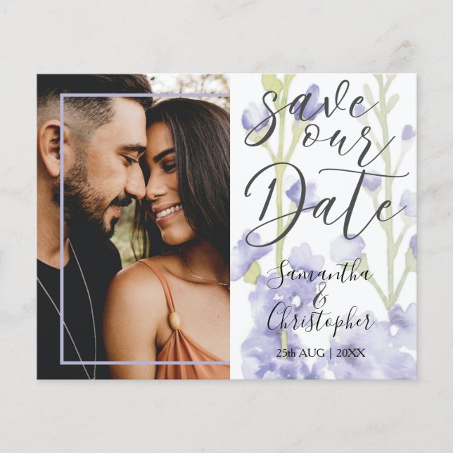 Budget Save the Date Purple Floral Photo Wedding  (Front)