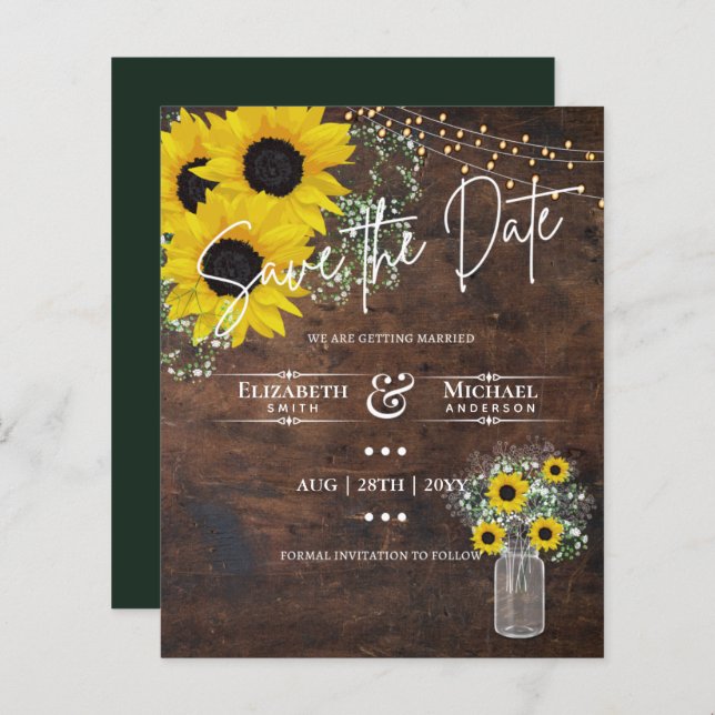 BUDGET Save The Date Rustic Sunflowers Mason Jar (Front/Back)