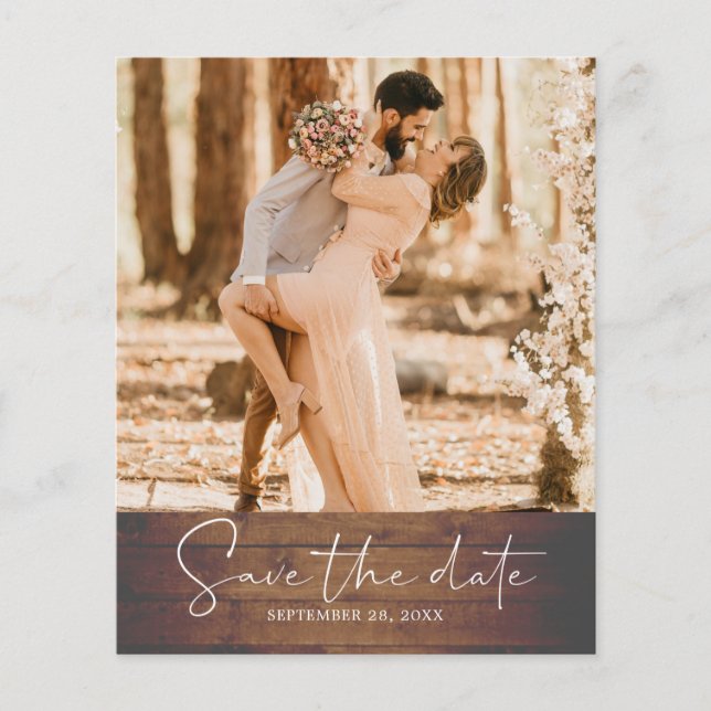 Budget Save the Date Script Barn Wood Photo Flyer (Front)