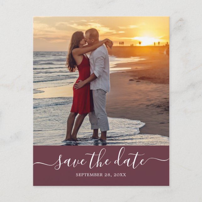 Budget Save the Date Script Burgundy Photo Flyer (Front)