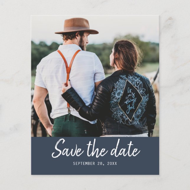 Budget Save the Date Script Dark Blue Photo Flyer (Front)