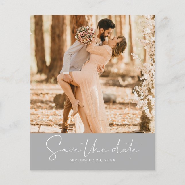 Budget Save the Date Script Silver Gray Photo Flyer (Front)