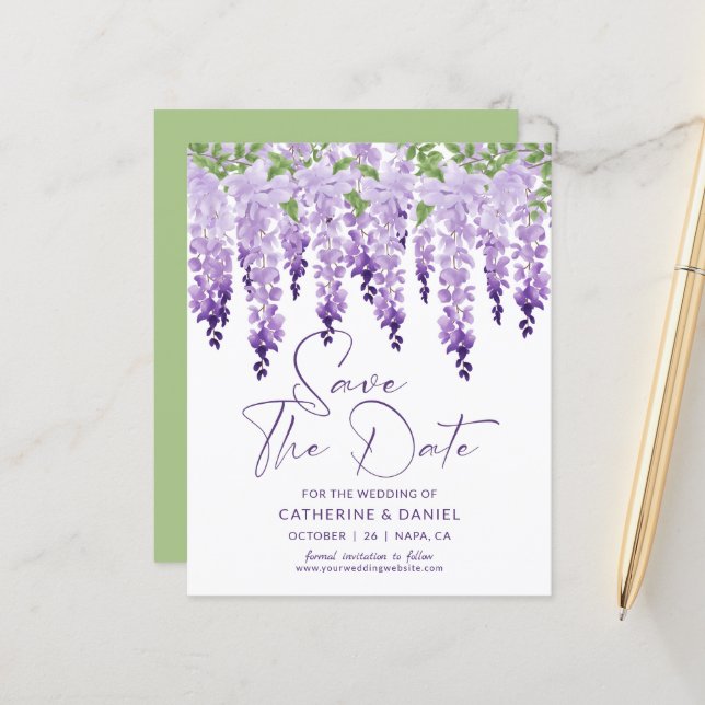 Budget Save The Date Watercolor Wisteria Wedding (Front/Back In Situ)