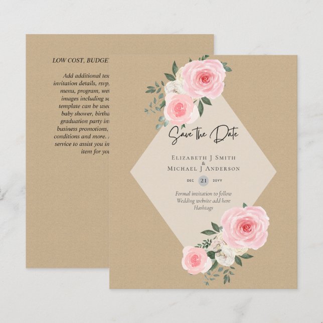 BUDGET SAVE THE DATES - Pink White Roses (Front/Back)