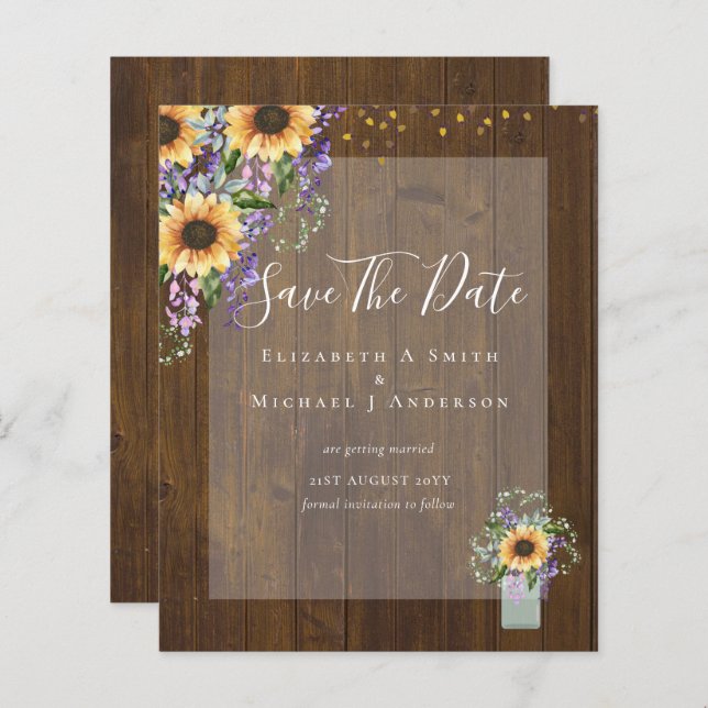 BUDGET SAVE THE DATES Rustic Sunflowers Purple (Front/Back)