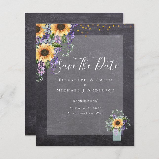 BUDGET SAVE THE DATES Rustic Sunflowers Purple (Front/Back)
